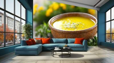 Golden kangaroo tail soup served in a deep bowl with native herbs and wildflowers in the background, soft natural lighting enhances the warm colors Wall mural