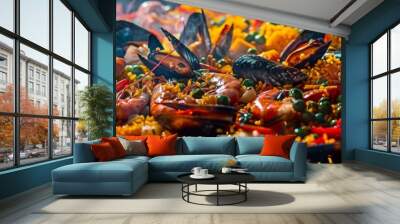 Paella, rich and colorful Spanish rice dish with seafood, vibrant Valencia festival Wall mural