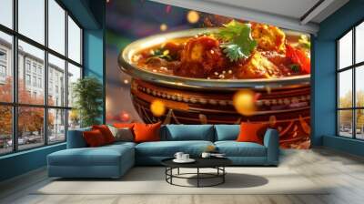 Paneer butter masala, creamy paneer curry with tomatoes and spices, served in a traditional bowl with a vibrant Indian wedding backdrop Wall mural