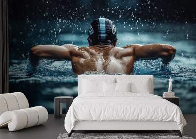  A rear view of a male swimmer wearing a black swim cap, captured mid-stroke during an intense swim in a professional indoor pool. Wall mural