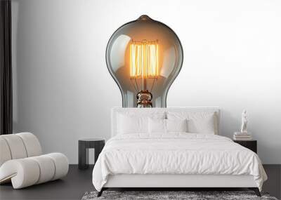 A close-up image of a vintage-style Edison light bulb, glowing warmly. The filament is visible, giving off a soft, amber light, and the bulb features a brass base. Wall mural