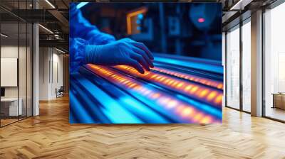 A close-up shot of two gloved hands handling glowing, cylindrical components in a high-tech manufacturing or laboratory environment.  Wall mural