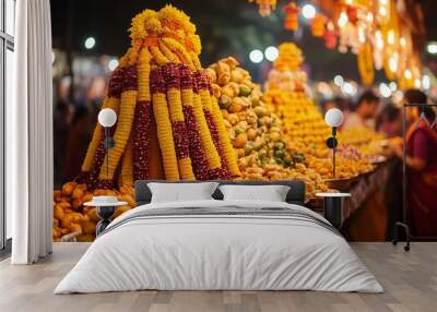 A colorful display of marigold flower garlands and fresh fruits at a bustling Indian market during the evening.  Wall mural