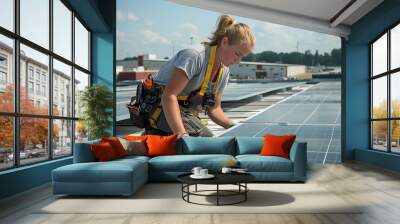 A dedicated female technician is installing solar panels on a rooftop under a clear blue sky.  Wall mural