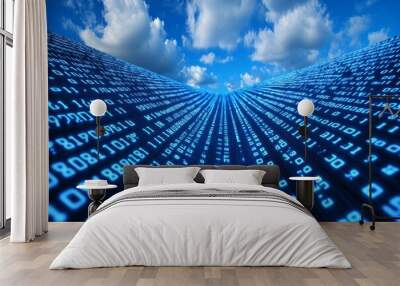 A dynamic visualization of binary code flowing towards the horizon, representing the digital transfer of data in a cloud computing environment. Wall mural