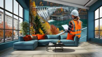 A female engineer with a ponytail, wearing an orange safety helmet and reflective vest, is holding a clipboard while intently observing the operations of a hydroelectric dam. Wall mural