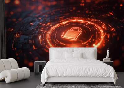 A futuristic digital illustration featuring a glowing red lock symbol at the center, surrounded by intricate circuits and data patterns. Wall mural