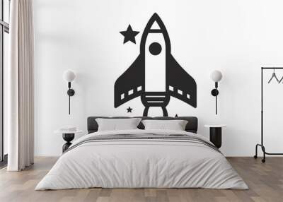 A minimalist black and white vector illustration of a space rocket icon. Isolated on white background. Png file.  Wall mural