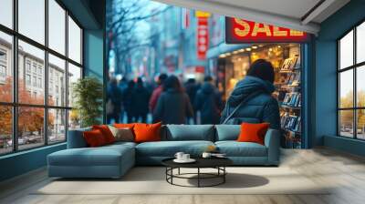 A person in a winter jacket and scarf stands near a shop window, looking at items, while a large illuminated “SALE” sign draws attention. Wall mural