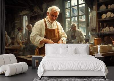 A senior artisan baker with white hair and a beard is seen preparing dough in a warm, rustic bakery. Wall mural