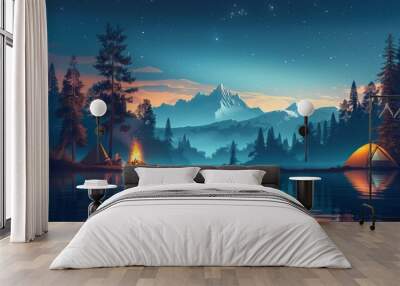 A serene camping scene by a tranquil lake at twilight. The image features two glowing tents nestled among tall pine trees, with a majestic snow-capped mountain range in the background. Wall mural