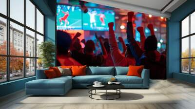 A silhouette of an elated sports fan is captured against the vibrant backdrop of a bar's televised sports event.  Wall mural