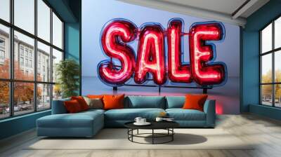 A vibrant neon sign displaying the word “SALE” in bold red letters, with blue accents and glowing lights. Wall mural