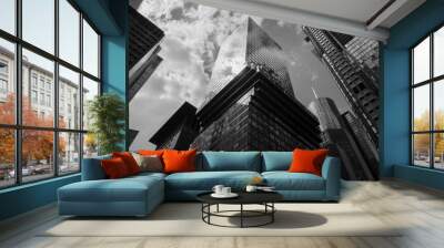 Black and white tone dramatic sky, Low angle view of modern skyscrapers, High rise building in downtown district of Frankfurt, Germany.  Wall mural