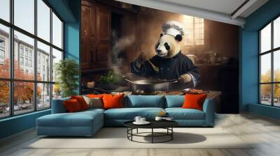 Panda chef's in uniform cook a food at restaurant's kitchen. Wall mural