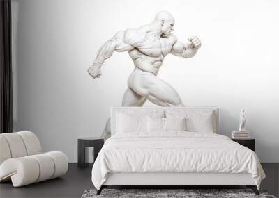 White marble statue of a muscular man in a dynamic pose, showcasing strength and athleticism against a white background. Wall mural