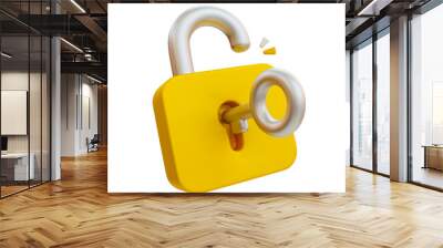 3d minimal data security system. private data accessing. unlocked padlock with key. 3d illustration. Wall mural