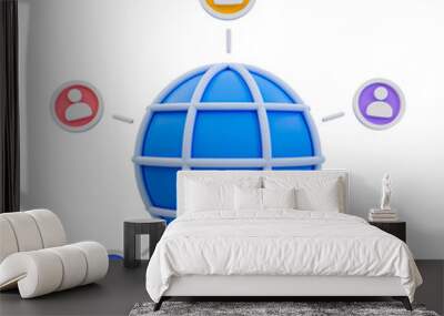 3d minimal online user contact icon. social media user relationship. A globe with user icon connected. 3d illustration. Wall mural