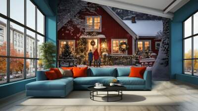 cozy house adorned with twinkling lights and garlands, a family gathers around a beautifully decorat Wall mural