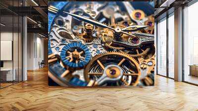 In a captivating close-up, the intricate clock mechanism comes to life, revealing its mesmerizing inner workings. Gears, springs, and wheels collaborate in a symphony.Generative AI Illustration. Wall mural