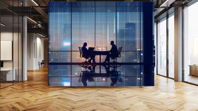 In a sleek,modern bank office,a business meeting is in full swing. Executives and managers sit around a large conference table,laptops and notepads open,ready to discuss important financial strategies Wall mural