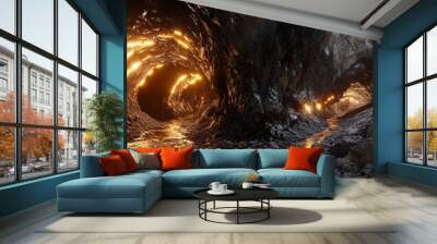 A deep underground gold mine with glowing gold veins illuminating the dark rocky tunnels Wall mural