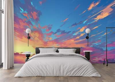 Beautiful sunset with a colorful sky in digital art, creating a calming and inspirational scene with nature and music motifs Wall mural