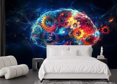 Mechanical brain composed of vibrant gears and cogs, symbolizing creativity and complex thinking, glowing with energy in a futuristic, abstract design Wall mural