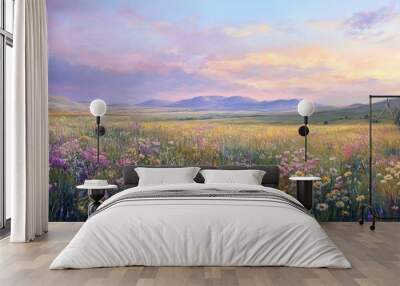 Serene meadow at dusk, gentle evening light casting a magical glow on wildflowers, peaceful landscape with enchanting natural beauty and distant hills Wall mural