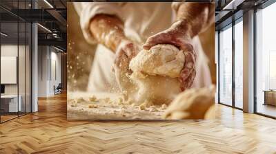 A baker is making bread dough and it is very messy. The dough is being kneaded and the flour is flying everywhere Wall mural