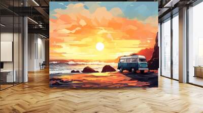 A blue van is parked on a beach at sunset, watercolor illustrations, Summer activity. Wall mural