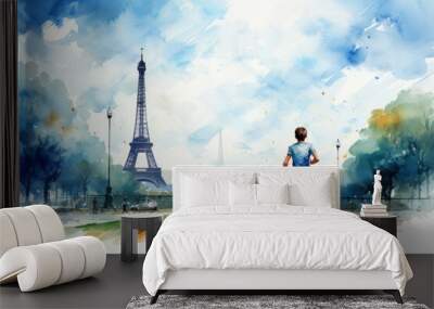 A boy runs in front of the Eiffel Tower. The sky is blue and the trees are green Wall mural