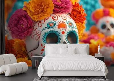 A colorful, decorative sugar skull adorned with vibrant flowers, symbolizing Día de los Muertos, surrounded by orange and pink marigolds. Wall mural