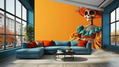 A colorful skeleton in traditional Mexican attire wearing a sombrero, set against a vibrant orange background. Wall mural