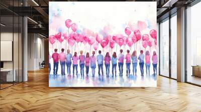 A colorful watercolor painting depicting a group of people holding pink balloons, symbolizing celebration, unity, or joy in a soft, dreamy atmosphere. Wall mural