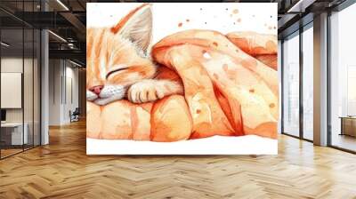 A cozy, sleeping cat is wrapped in a soft blanket beside a smiling pumpkin, embodying a warm autumn atmosphere. Wall mural