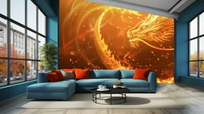 A dragon with a fiery tail and a golden body Wall mural