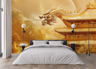 A gold colored dragon is flying over a gold colored building. The dragon is surrounded by clouds and the building is surrounded by clouds as well Wall mural