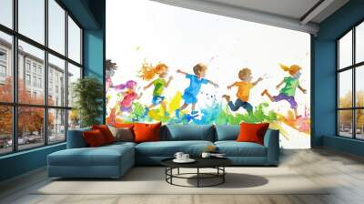 A group of children are running in a line. The children are of different ages and colors. Concept of fun and playfulness, as the children are enjoying their time together Wall mural