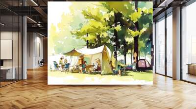 A group of people are sitting around a tent in a forest, watercolor illustrations , summer activitie, Camping in the woods. Wall mural