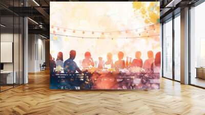 A group of people are sitting at a long table with a blue sky background, having a barbecue, bbq, illustrations, summer activities. Wall mural