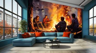 A group of people sitting around a campfire in a forest, watercolor illustrations , summer activitie, Camping in the woods. Wall mural