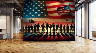 A group of soldiers stand in front of the American flag. The flag is red, white, and blue,Memorial Day. Wall mural