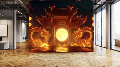 A large golden dragon is on the left side of a large golden moon Wall mural