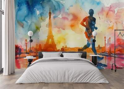 A man is running in front of the Eiffel Tower. The painting is a watercolor of the scene Wall mural