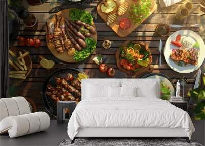 A table is set with a variety of food, including meat, vegetables, and fruit,having a barbecue , barbecue grill, summer activities. Wall mural