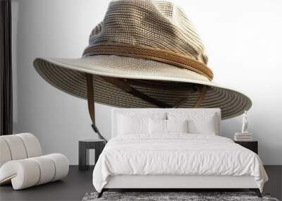 A tan straw hat with a brown band sits on a white background, Hiking & Trekking Equipment, 3D style and isolated on a transparent background. Wall mural