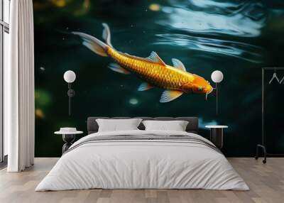 Golden Koi Fish Swimming in Pond Water. Wall mural