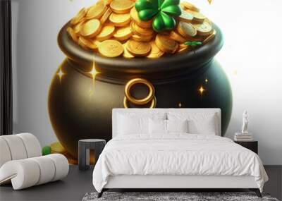 Leprechaun's pot of gold and treasure,St patrick's day, Png ,3D style and isolated on a transparent background Wall mural