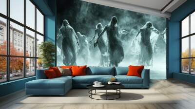 The Haunting Walk of Spectral Souls in a Foggy Realm. Wall mural